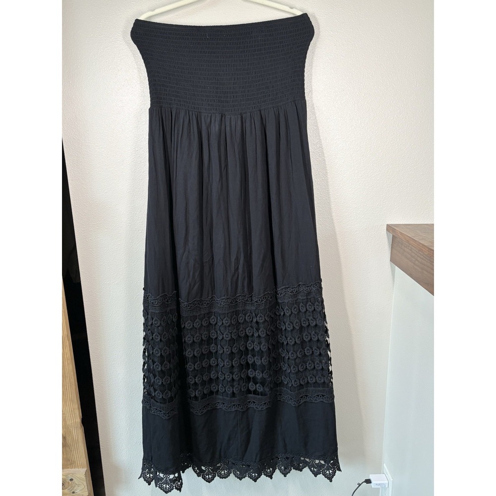 Justify Black Smocked Strapless Maxi Dress XL Tube Embroidery Lace Resort wear - Picture 2 of 8